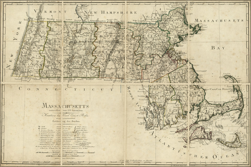 24"x36" Gallery Poster, map of Massachusetts 1796 in german & english