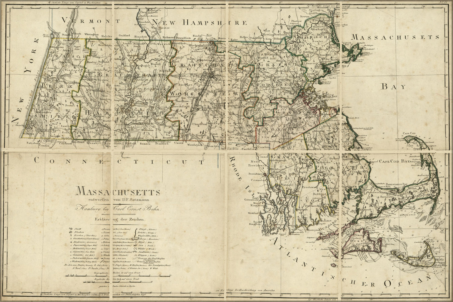 24"x36" Gallery Poster, map of Massachusetts 1796 in german & english