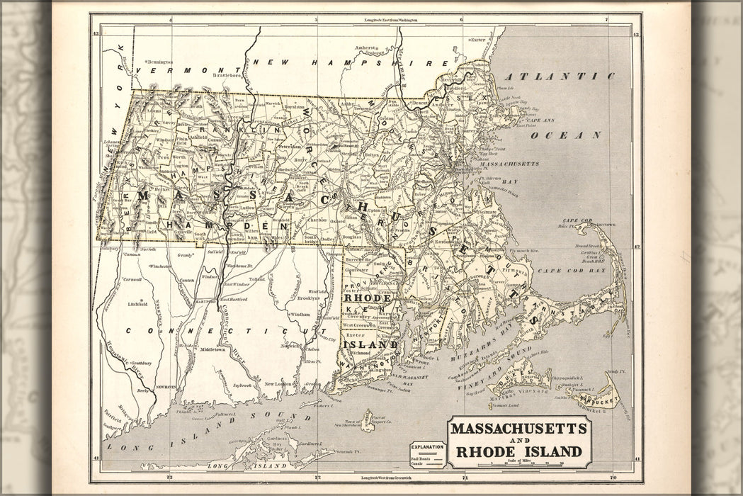 24"x36" Gallery Poster, map of Massachusetts & Rhode Island 1842