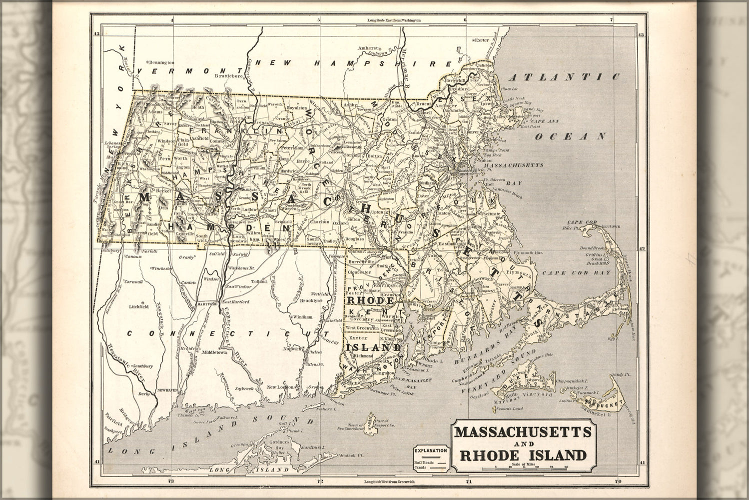 24"x36" Gallery Poster, map of Massachusetts & Rhode Island 1842