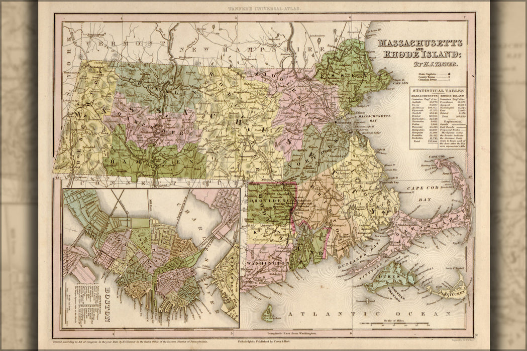 24"x36" Gallery Poster, map of Massachusetts and Rhode Island 1844