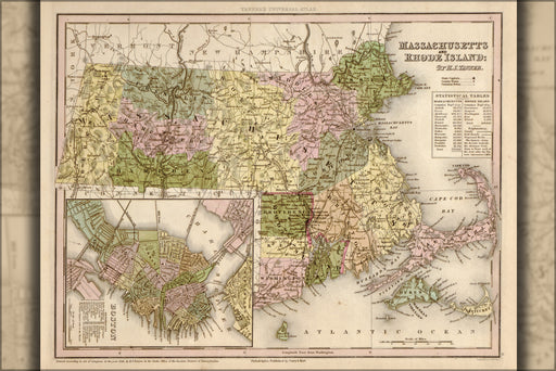 24"x36" Gallery Poster, map of Massachusetts and Rhode Island 1844