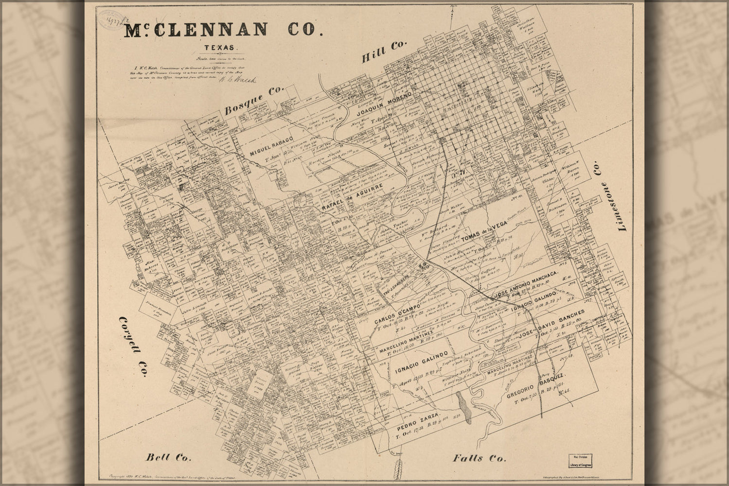 24"x36" Gallery Poster, map of McLennan County, Texas 1880