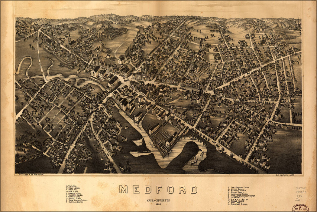 24"x36" Gallery Poster, map of Medford, Massachusetts 1880