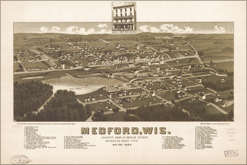 24"x36" Gallery Poster, map of Medford, Wisconsin before great fire 1885