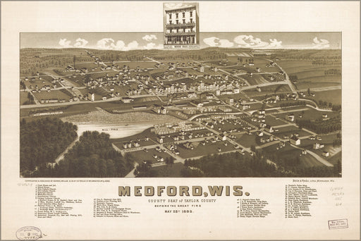 24"x36" Gallery Poster, map of Medford, Wisconsin before great fire 1885