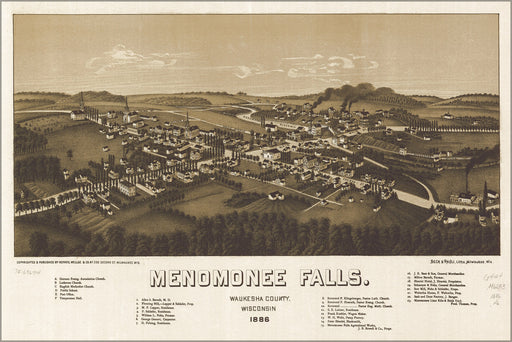 24"x36" Gallery Poster, map of Menomonee Falls, Wisconsin. 1886