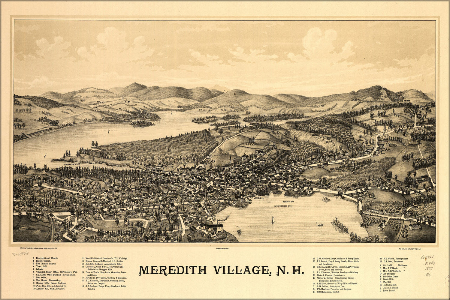 24"x36" Gallery Poster, map of Meredith Village, New hampshire 1889