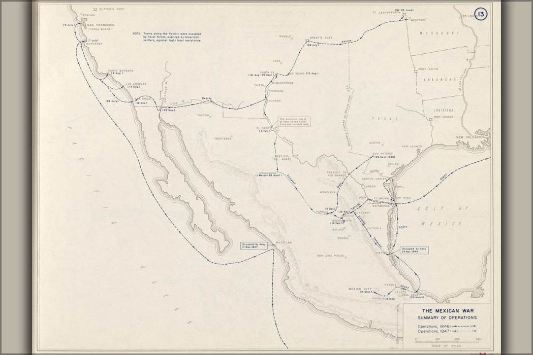 24"x36" Gallery Poster, map of Mexican War operations, 1846-1847