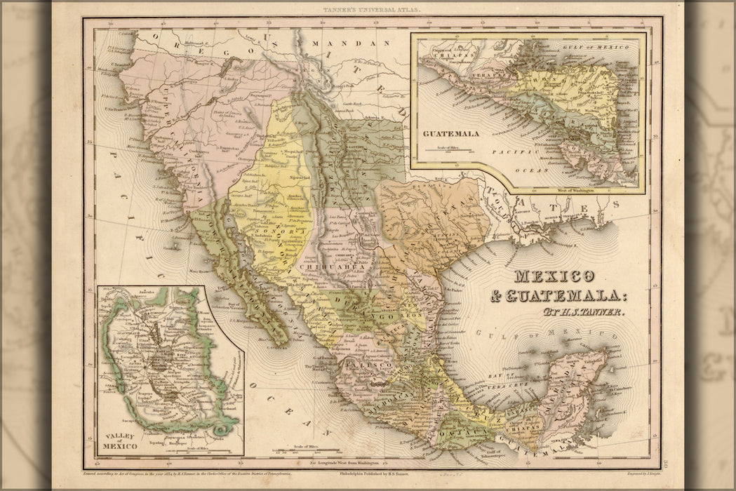 24"x36" Gallery Poster, map of Mexico and Guatemala 1844