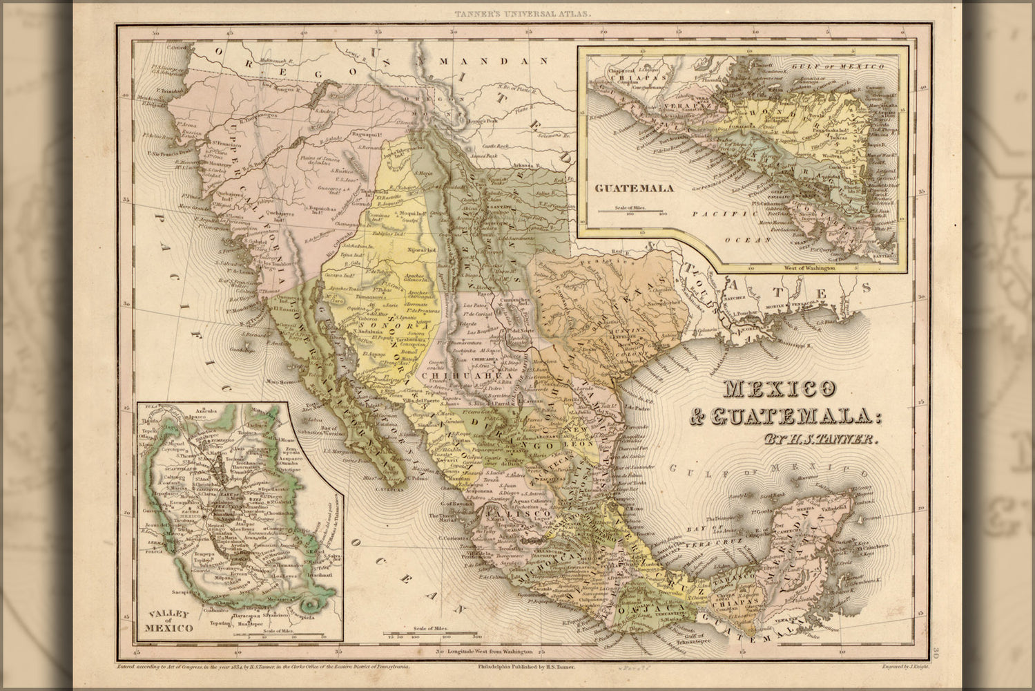 24"x36" Gallery Poster, map of Mexico and Guatemala 1844