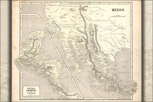 24"x36" Gallery Poster, map of Mexico and Inset of Central America 1842