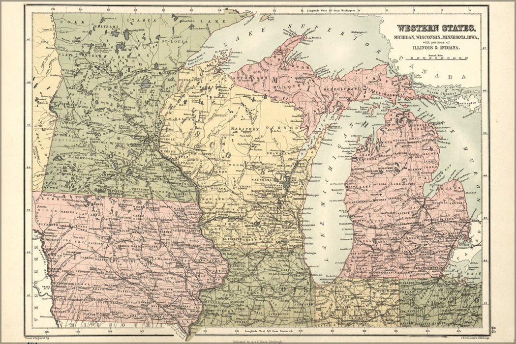 24"x36" Gallery Poster, map of Michigan, Wisconsin, Minnesota, Iowa with portions of Illinois & Indiana drawn & engraved by J. Bartholom
