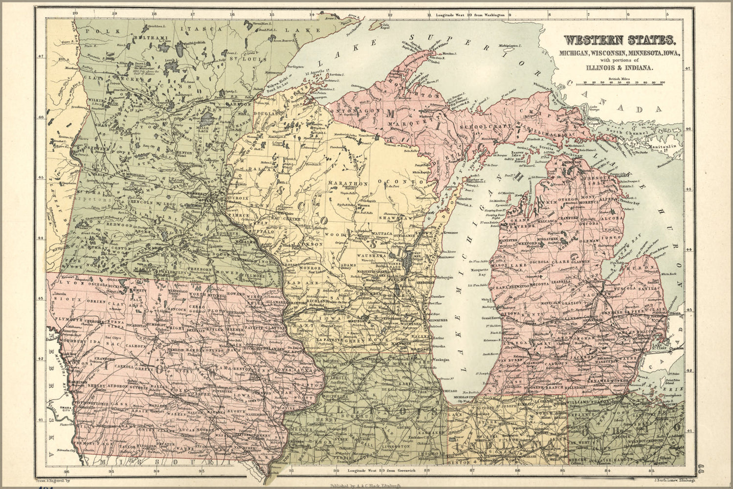 24"x36" Gallery Poster, map of Michigan, Wisconsin, Minnesota, Iowa with portions of Illinois & Indiana drawn & engraved by J. Bartholom