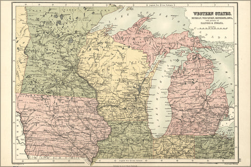 24"x36" Gallery Poster, map of Michigan, Wisconsin, Minnesota, Iowa with portions of Illinois & Indiana drawn & engraved by J. Bartholom