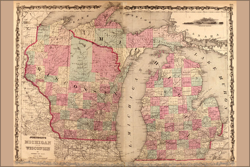 24"x36" Gallery Poster, map of Michigan and Wisconsin 1862
