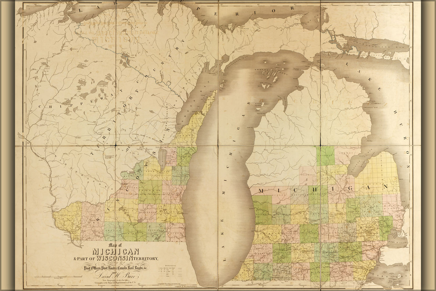 24"x36" Gallery Poster, map of Michigan and part of Wisconsin territory 1839