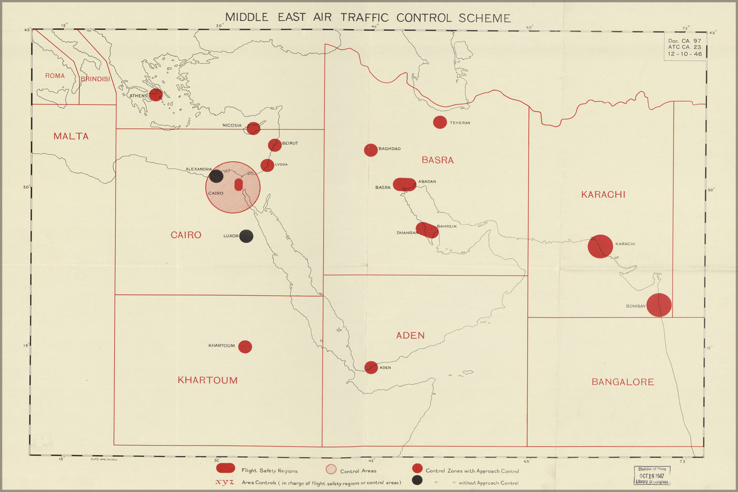 24"x36" Gallery Poster, map of Middle East air traffic control 1946