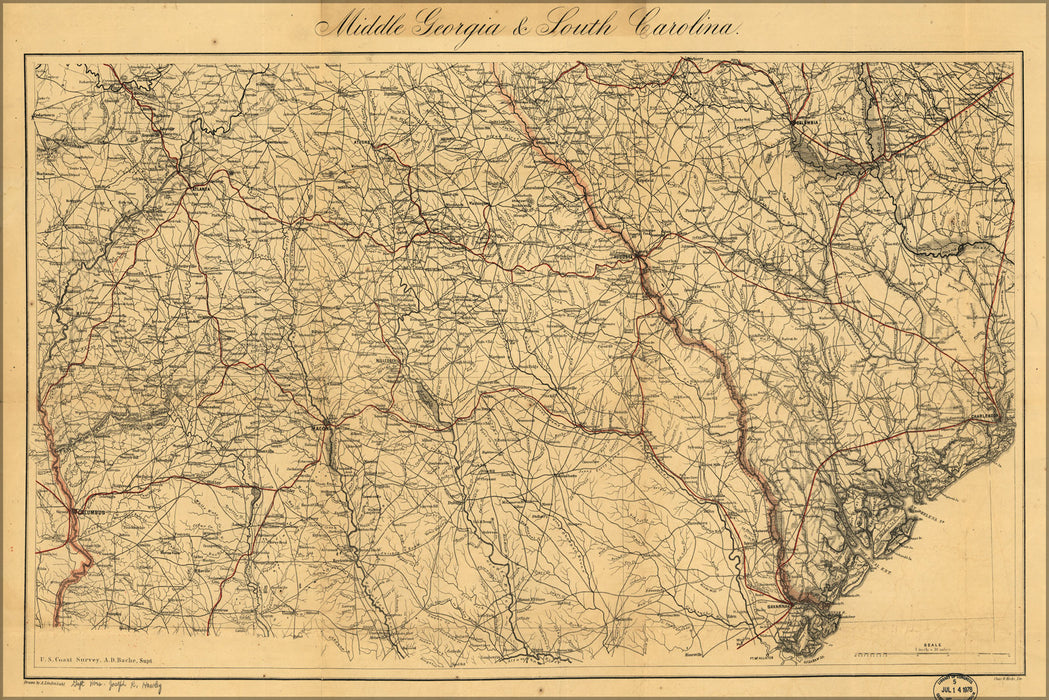 24"x36" Gallery Poster, map of Middle Georgia & South Carolina 1865