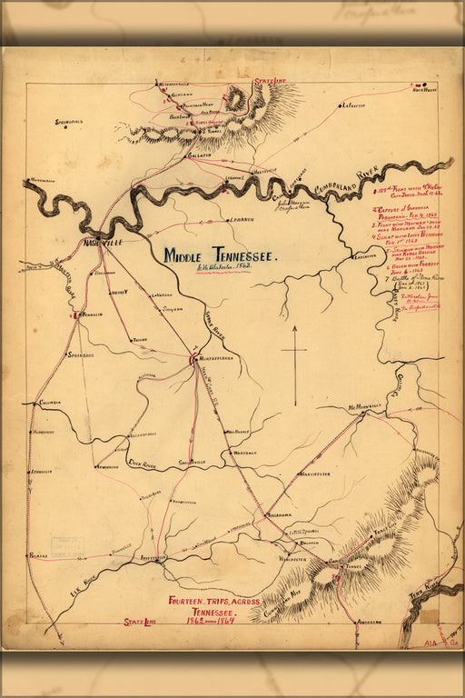 24"x36" Gallery Poster, map of Middle Tennessee 1863