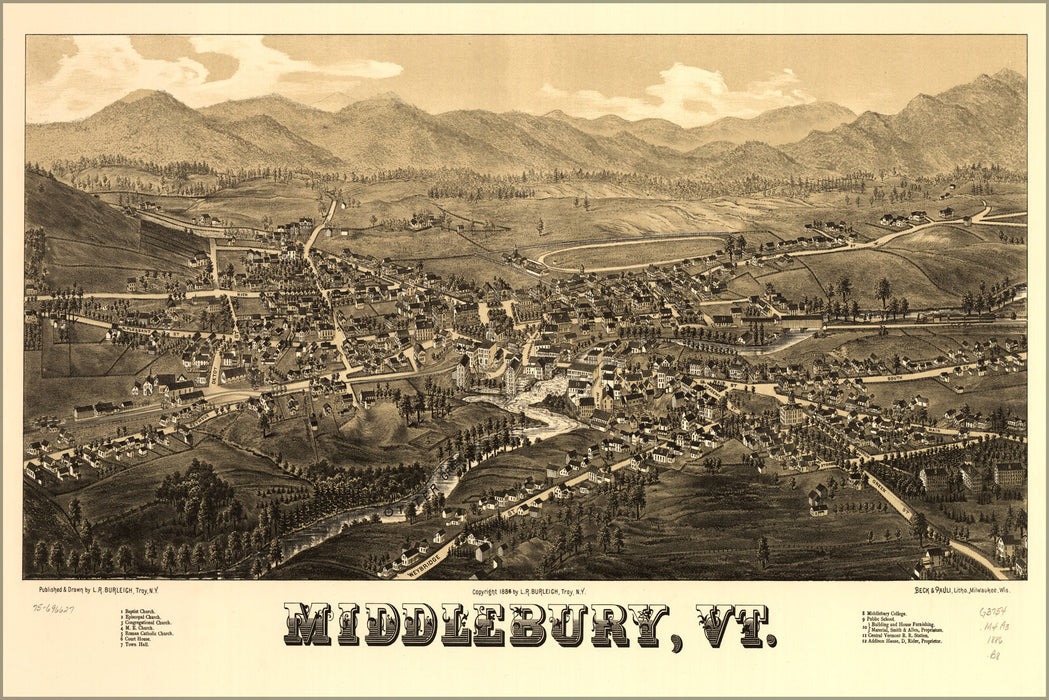 24"x36" Gallery Poster, map of Middlebury, Vermont 1886