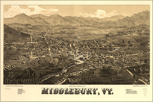 24"x36" Gallery Poster, map of Middlebury, Vermont 1886
