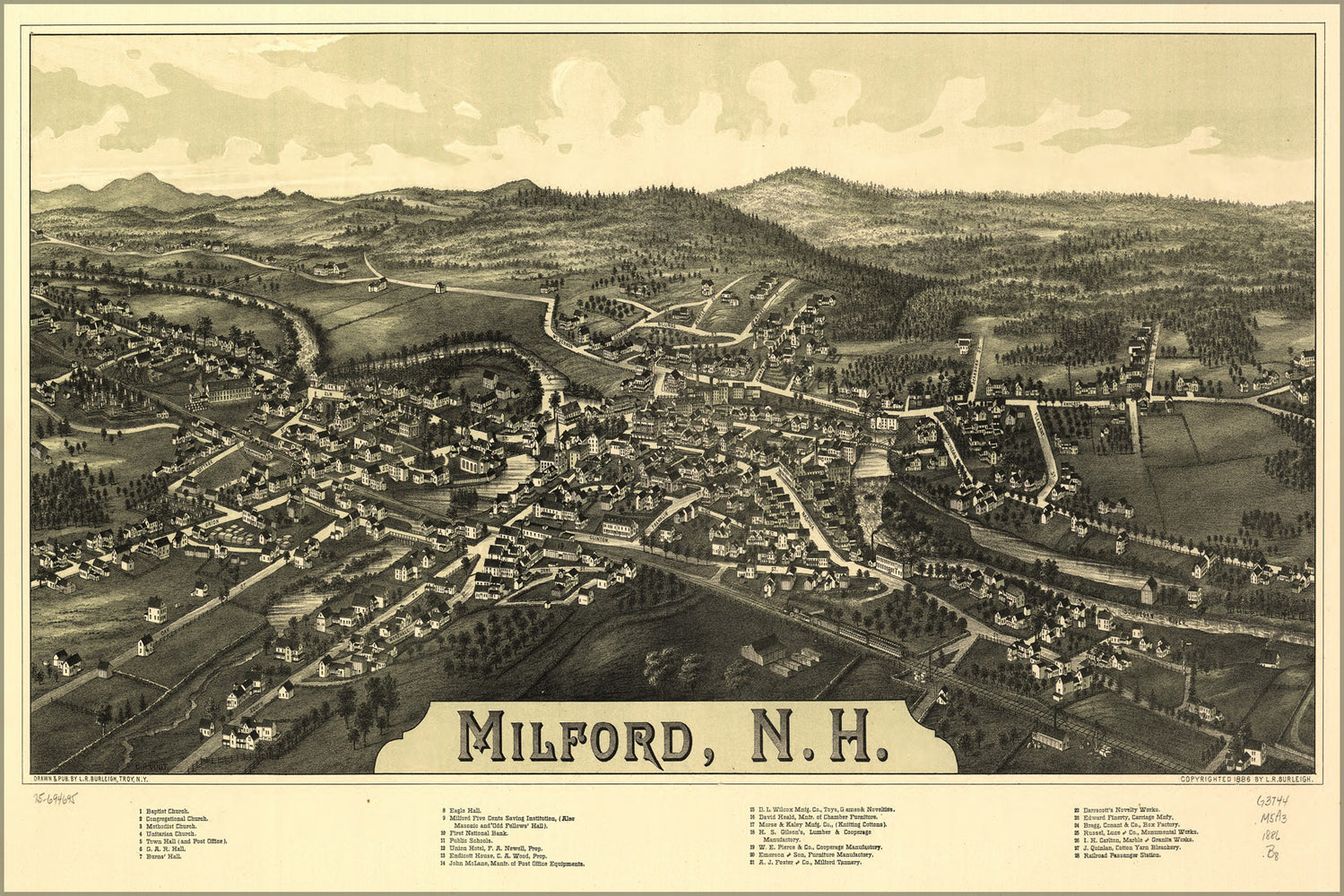 24"x36" Gallery Poster, map of Milford, New hampshire 1886