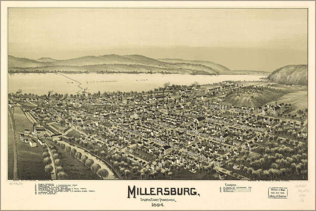 24"x36" Gallery Poster, map of Millersburg, Pennsylvania 1894