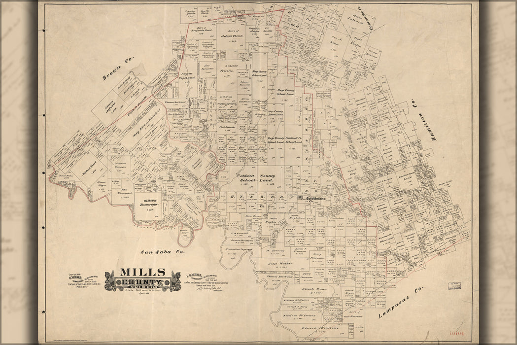 24"x36" Gallery Poster, map of Mills County, state of Texas 1888