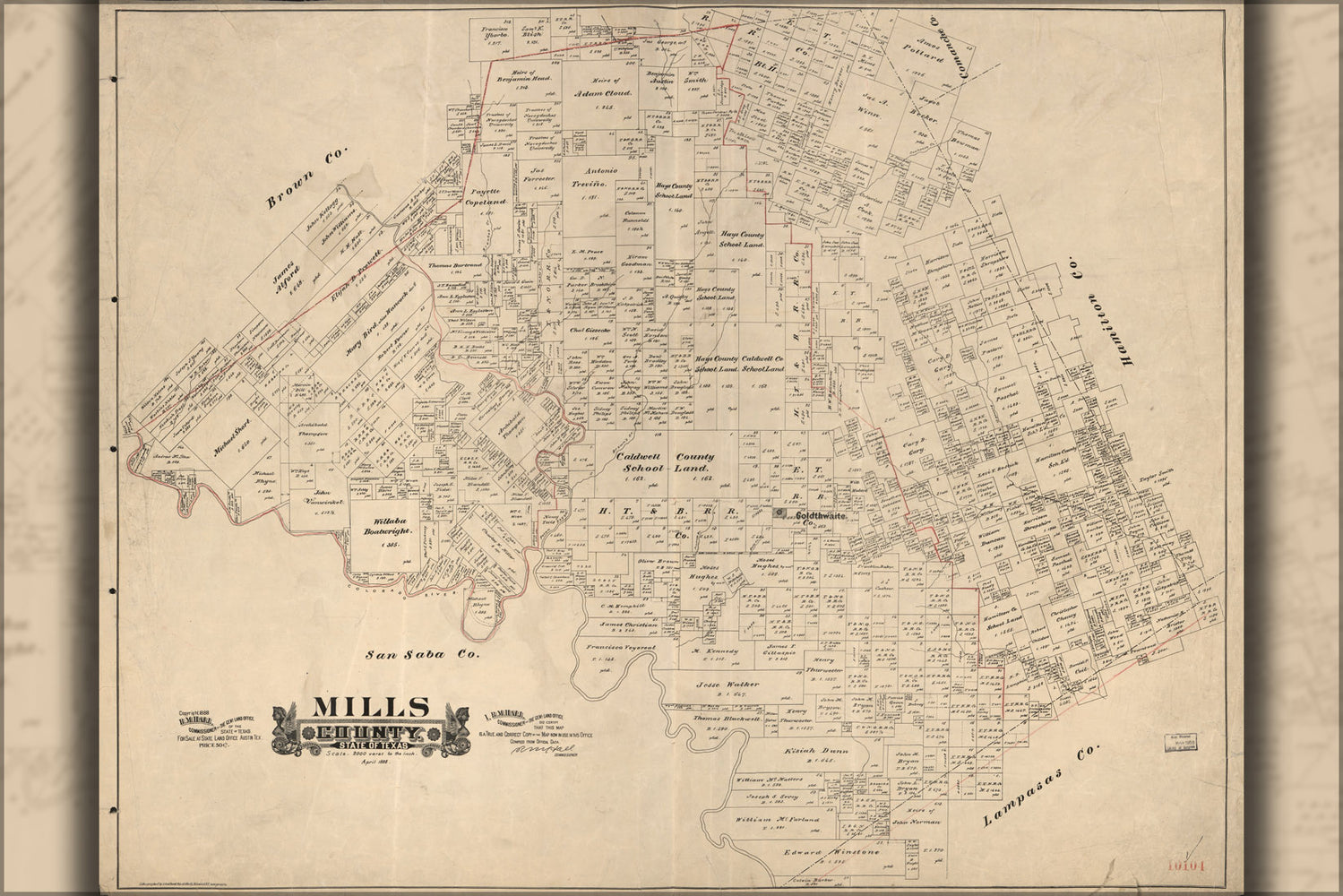 24"x36" Gallery Poster, map of Mills County, state of Texas 1888