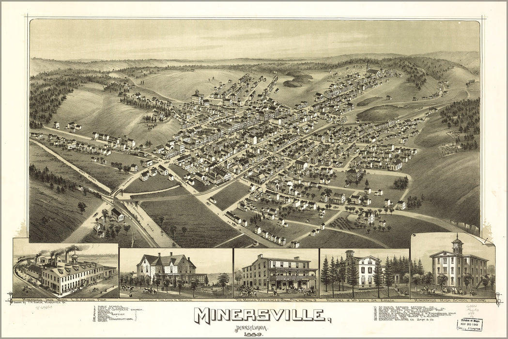 24"x36" Gallery Poster, map of Minersville, Pennsylvania, 1889