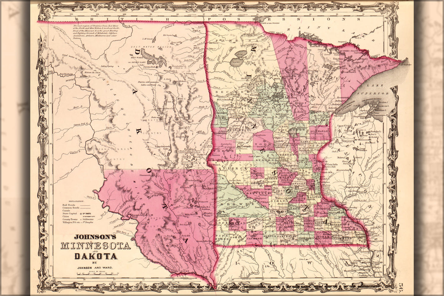 24"x36" Gallery Poster, map of Minnesota and Dakota 1862
