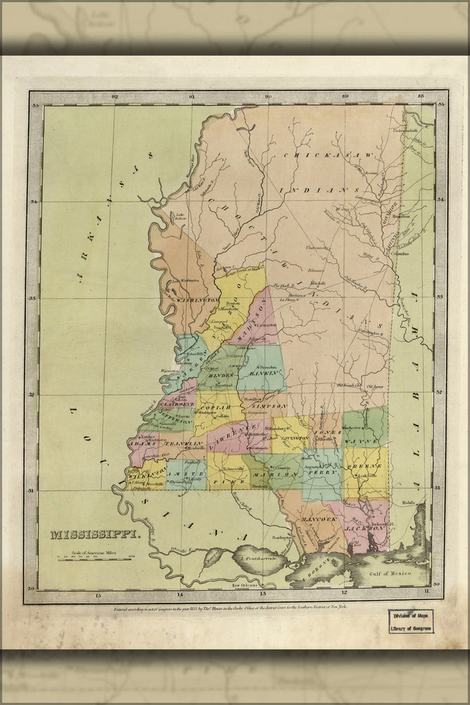 24"x36" Gallery Poster, map of Mississippi 1835