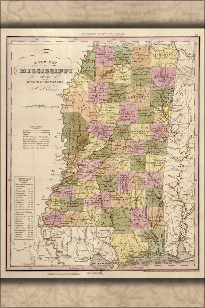 24"x36" Gallery Poster, map of Mississippi 1844