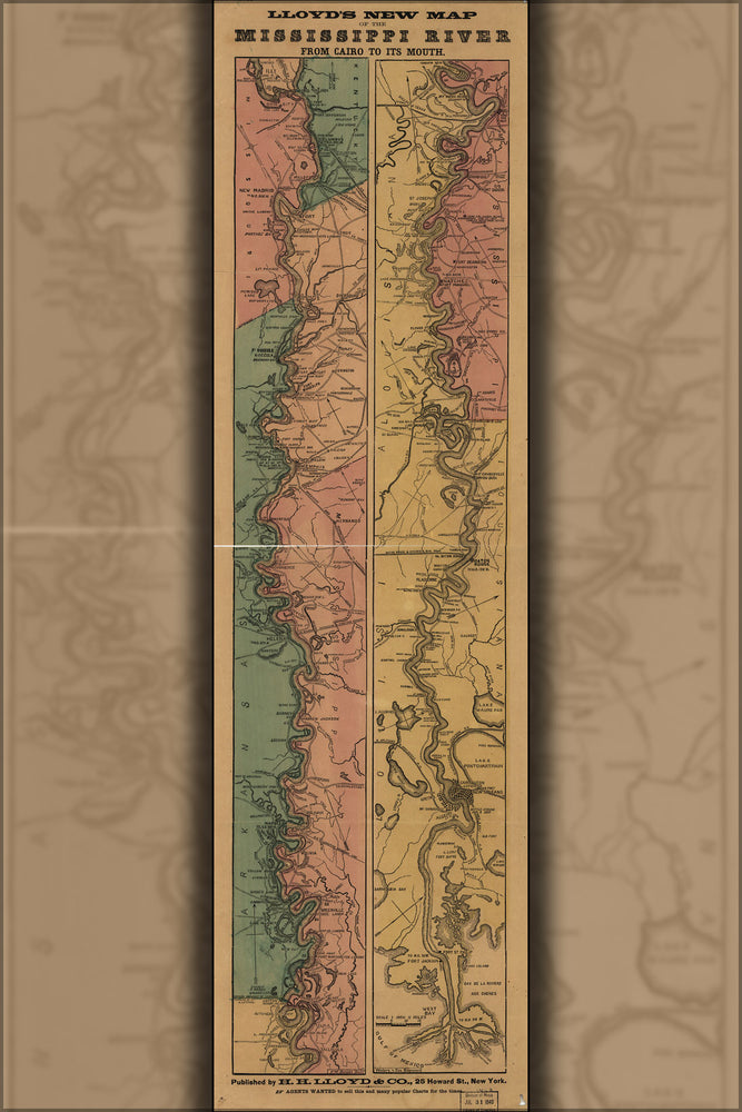 24"x36" Gallery Poster, map of Mississippi River; Cairo to its mouth 1863
