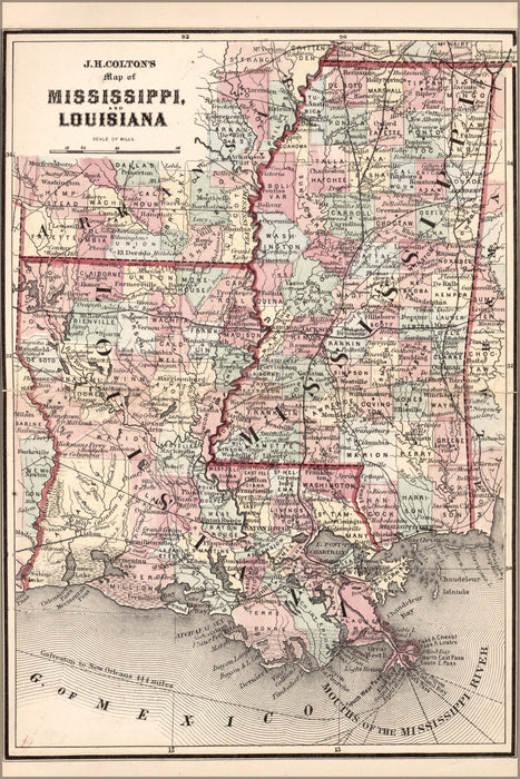 24"x36" Gallery Poster, map of Mississippi and Louisiana 1863