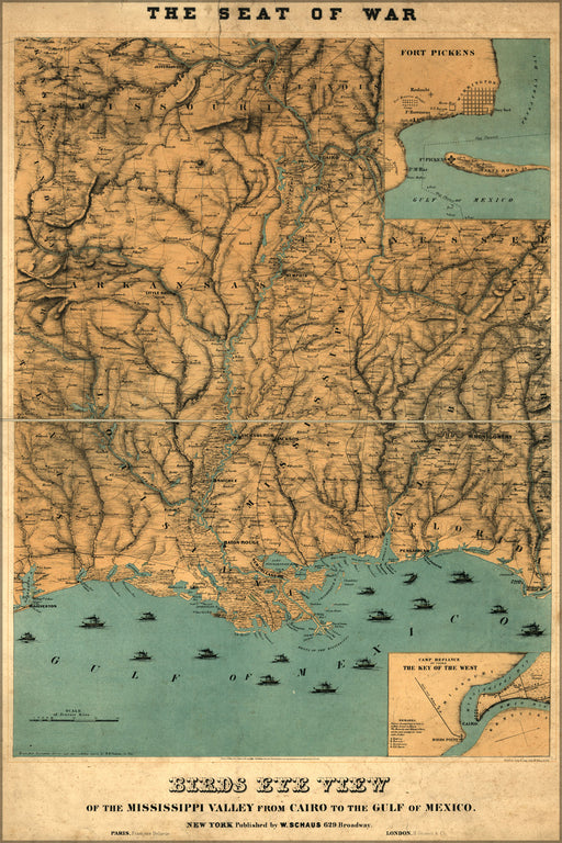 24"x36" Gallery Poster, map of Mississippi river Valley louisiana 1861