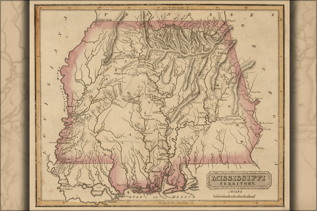 24"x36" Gallery Poster, map of Mississippi territory alabama 1817