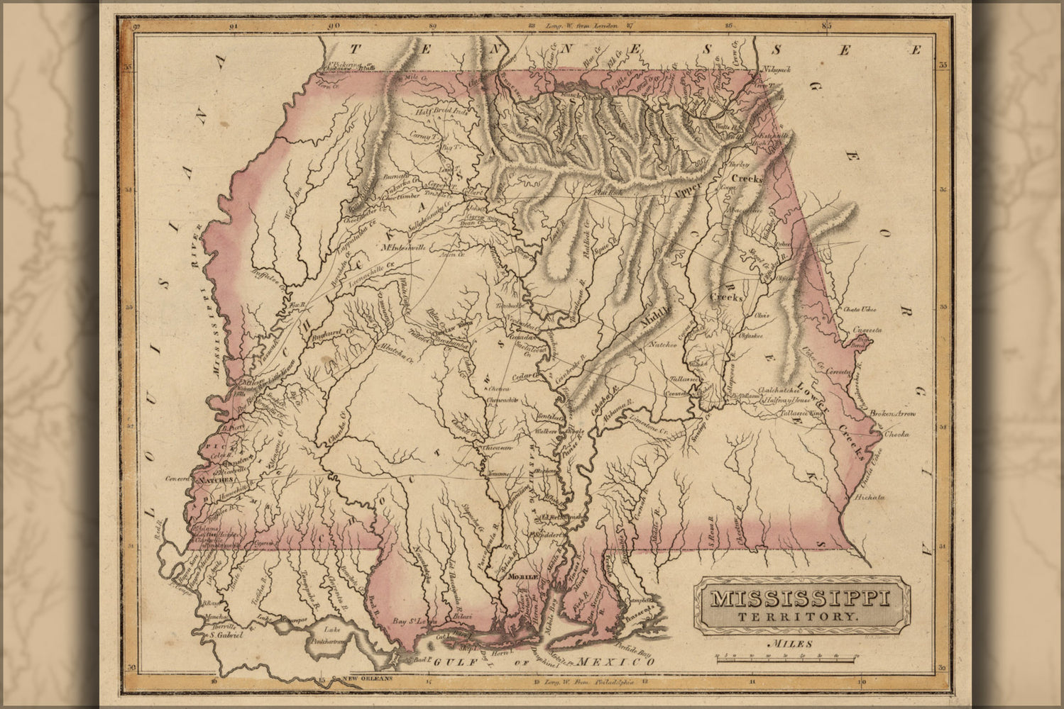 24"x36" Gallery Poster, map of Mississippi territory alabama 1817