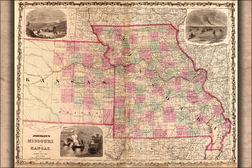 24"x36" Gallery Poster, map of Missouri and Kansas 1862