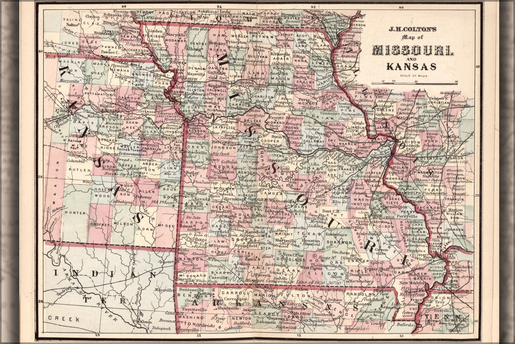 24"x36" Gallery Poster, map of Missouri and Kansas 1863