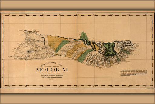 24"x36" Gallery Poster, map of Molokai hawaii 1897