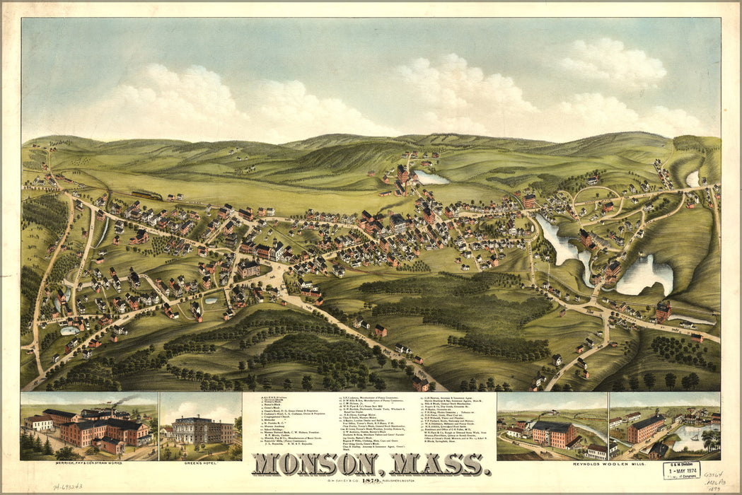 24"x36" Gallery Poster, map of Monson, Massachusetts 1879