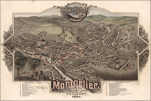 24"x36" Gallery Poster, map of Montpelier, Vermont 1884