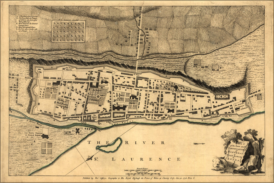 24"x36" Gallery Poster, map of Montreal or Villemarie in Canada 1768