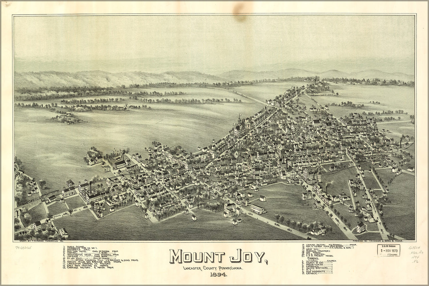 24"x36" Gallery Poster, map of Mount Joy, Lancaster Co Pennsylvania, 1894