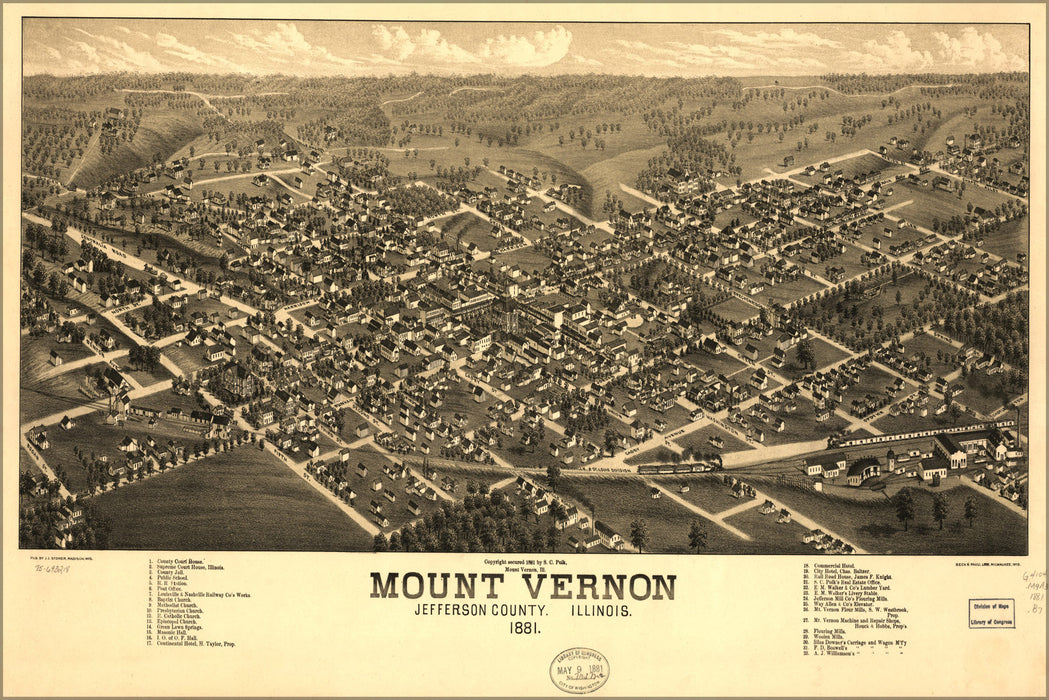 24"x36" Gallery Poster, map of Mount Vernon, Illinois 1881