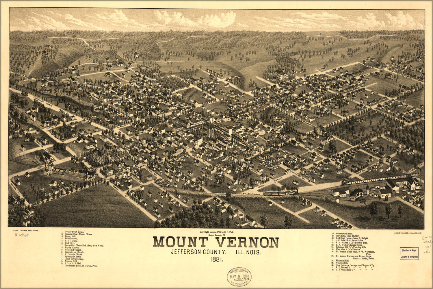 24"x36" Gallery Poster, map of Mount Vernon, Illinois 1881