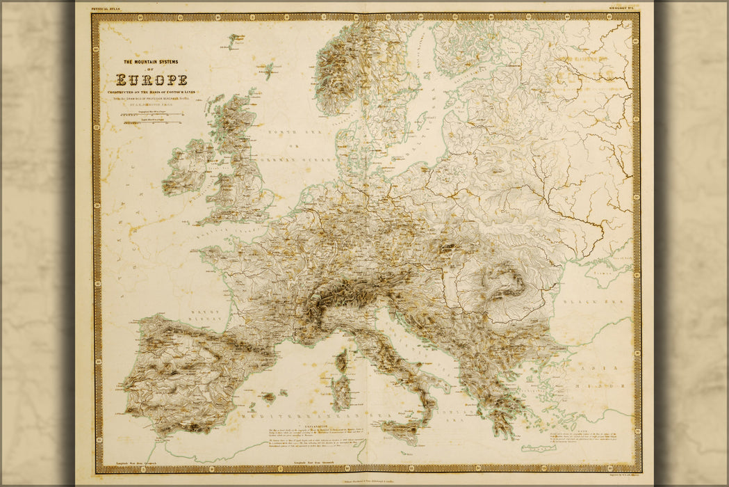 24"x36" Gallery Poster, map of Mountain Systems in Europe 1848