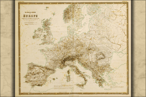 24"x36" Gallery Poster, map of Mountain Systems in Europe 1848